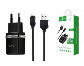 Сетевое зарядное устройство 2USB + кабель Lightning HOCO C12 2400mAh (черный)