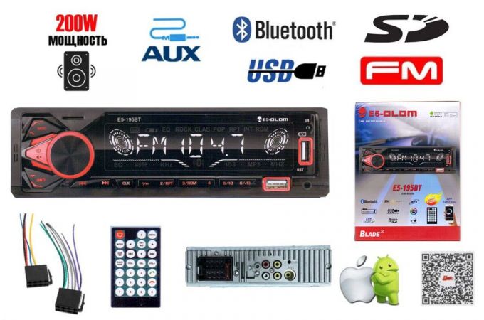Автомагнитола 195 1DIN (Bluetooth, FM, AUX, USB, SD, RGB, App, Пульт ДУ, провода для подключения)
