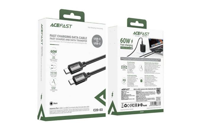Кабель USB Type-C - Type-C ACEFAST C20-03 USB-C to USB-C aluminum alloy charging data cable (Черный)