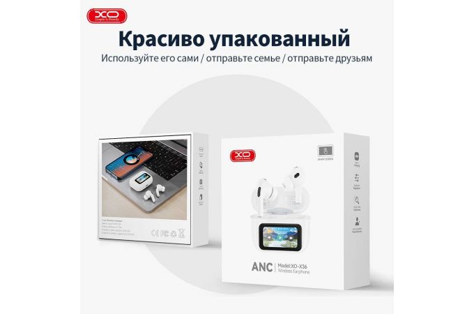 Наушники вакуумные беспроводные с экраном XO X36 Smart Screen ANC Active Noise Cancellation TWSt White