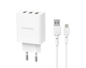 Сетевое зарядное устройство USB + кабель Lightning SENDEM OG04 5В, 4800mA (белый)