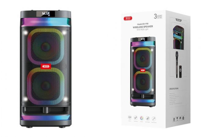 Активная напольная акустика XO F58 Shine Dual 6-inch Woofer RGB Bluetooth Speaker 40W  (with Remote Control + Wireless Mic*1) Black