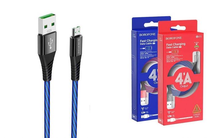 Кабель USB - MicroUSB BOROFONE BU13 4A fast (синий) 1,2м (в оплетке)