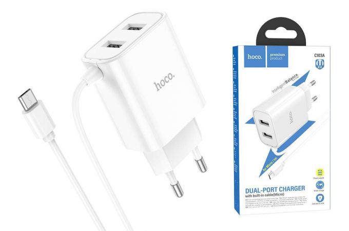 Сетевое зарядное устройство 2USB + кабель microUSB HOCO C103А 2400mAh (белый)