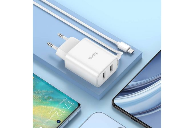 Сетевое зарядное устройство 2USB + кабель microUSB HOCO C103А 2400mAh (белый)