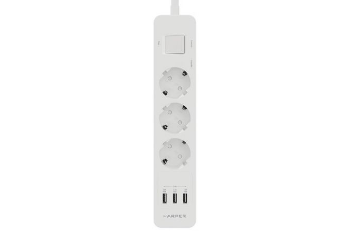 Сетевой фильтр с USB зарядкой HARPER UCH-360 White 3xUSB порта, 3хрозетки, длина 3м, 4000W (16A)