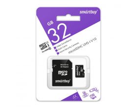 Карта памяти microSDHC Smartbuy 032GB cl10 U1 V10 для видеонаблюдения (с адаптером SD)