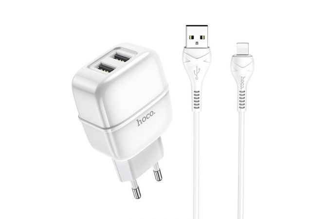 Сетевое зарядное устройство 2USB + кабель Lightning HOCO C77A Highway 2400mAh (белый)