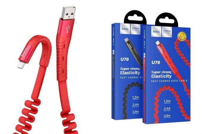 Кабель USB - MicroUSB HOCO U78 2,4A (красный) 1,2м (в оплетке, усиление сгиба)