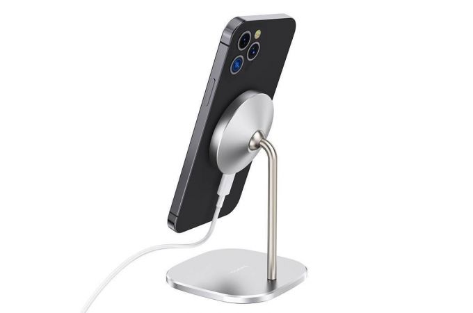 Беспроводное зарядное устройство HOCO CW32 (магнитное, вертикальная подставка, Type-C, 15W) (серебристый)