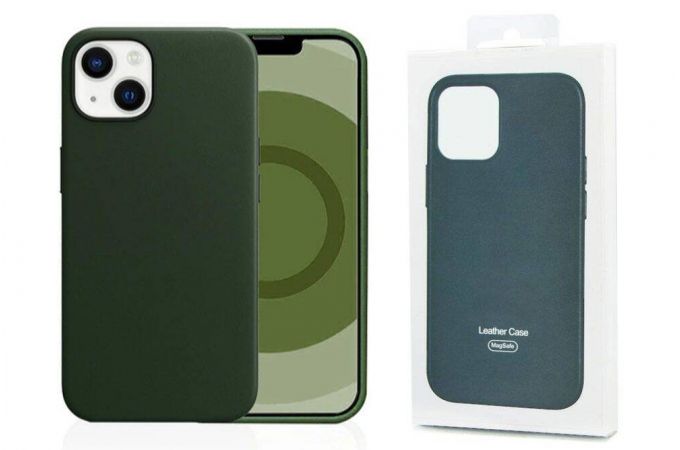 Чехол для iPhone 13 (6,1) MagSafe кожаный с анимацией в цвет чехла на экране (темно зеленый)