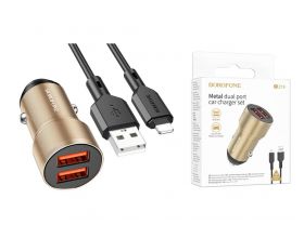 Автомобильное зарядное устройство АЗУ 2USB + кабель Lightning BOROFONE BZ19 Wisdom (золотистое)