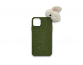 Чехол для iPhone 11 (6.1) льняной с мягкой игрушкой "Кролик" (зеленый)