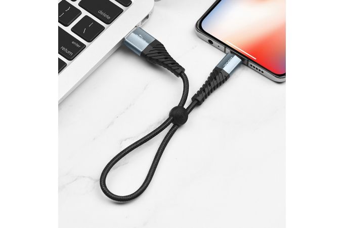 Кабель USB - Lightning HOCO X38, 2,4A (черный) 0,25м (в оплетке, с усиление сгиба)