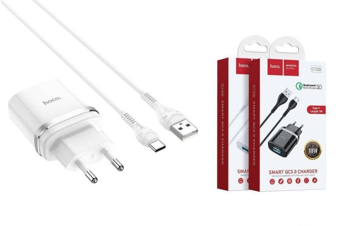 Сетевое зарядное устройство 2USB + кабель Type-C HOCO C12Q быстрая зарядка (белый)