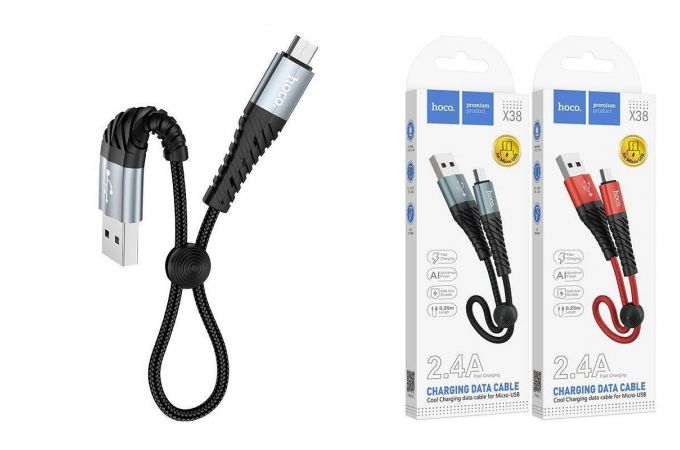 Кабель USB - MicroUSB HOCO X38 2,4A (черный) 0,25м (в оплетке)