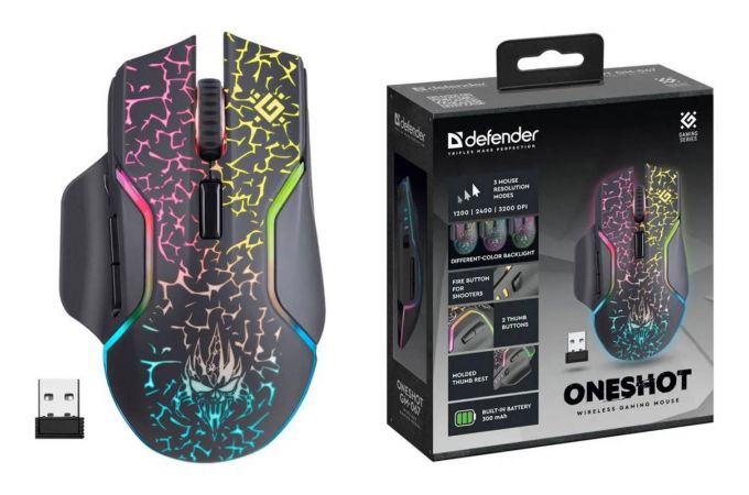Мышь игровая беспроводная Defender Oneshot GM-067 черный 3200 dpi/ радужн.подсветка/встроенный аккумул.