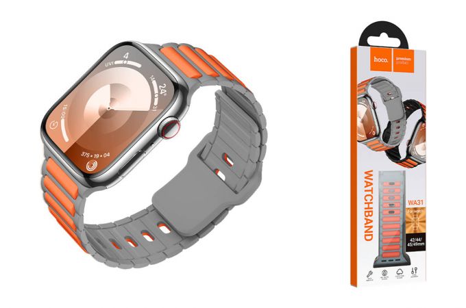 Ремешок для Apple Watch HOCO WA31 Flexible series two-color silicone strap (42/44/45/49 мм) серо-белый с оранжевым