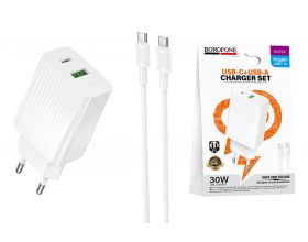 Сетевое зарядное устройство USB-C+ кабель Type-C - Type-C BOROFONE BAS76A Source PD30W+QC3.0 (белый)