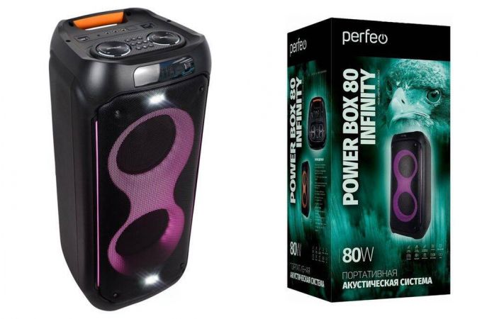 Активная напольная акустика Perfeo ПАС “Power Box 80 INFINITY” BT, EQ, USB, microSD, AUX, FM, MIC, GT, TWS, LED, ПДУ, 2 б/п мик