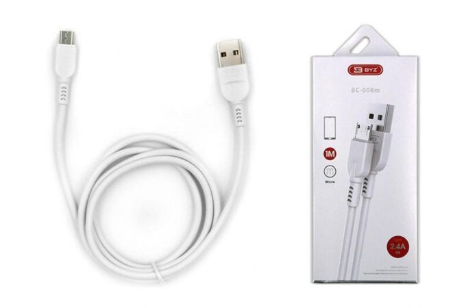 Кабель USB - MicroUSB BYZ BC-008m AM-microBM 2.4A, (белый) 1м (силикон)