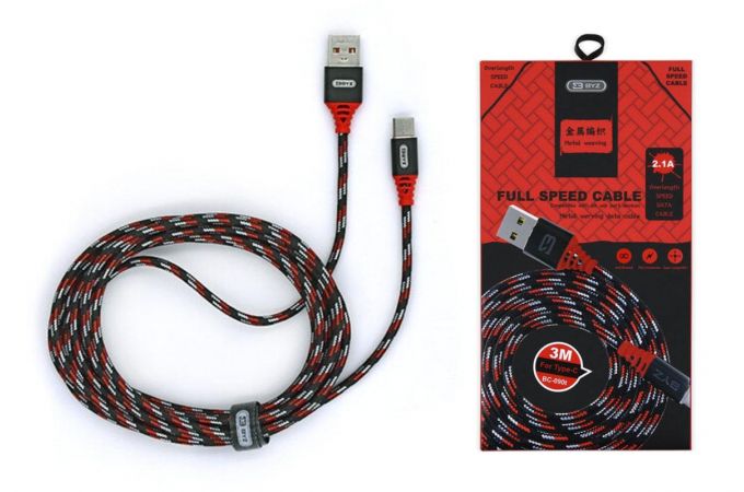 Кабель USB - MicroUSB BYZ BC-090m AM-microBM 2.1A (черно-красный) 3м (тканевый)