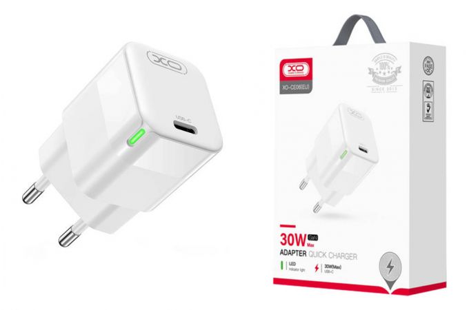 Сетевое зарядное устройство USB USB-C XO CE06 (EU) PD 30W GaN lamp display fast Charger (Materials are CE certified) (Белый)