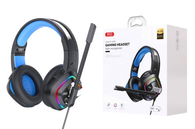 Наушники мониторные проводные с микрофоном XO GE-08 Static RGB Long Mic Headworn Game Earphones USB+Dual 3.5mm (Чёрные)