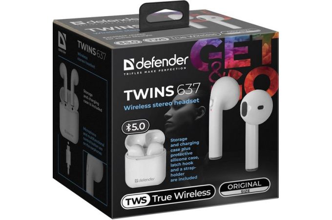 Наушники вакуумные беспроводные Defender Twins 637 Bluetooth (белый)