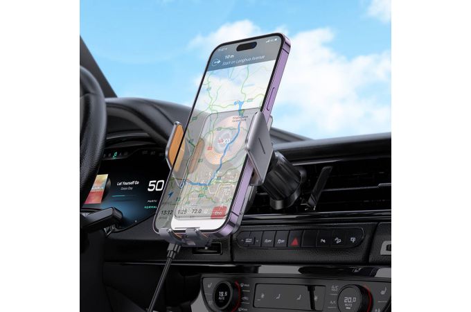 Держатель автомобильный для телефона HOCO HW7 Transperend discovery edition wireless fast charging car holder ( на консоль) серый