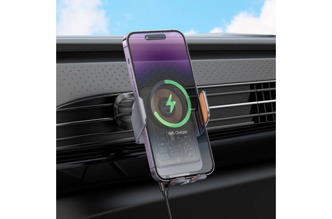 Держатель автомобильный для телефона HOCO HW7 Transperend discovery edition wireless fast charging car holder ( на консоль) серый