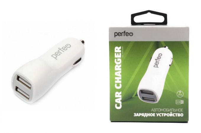 Автомобильное зарядное устройство PERFEO с двумя разъемами USB, 2.1A, 2x2.4А, белый, тип 1 (I4624)