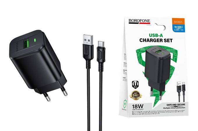 Сетевое зарядное устройство USB + кабель Type-C BOROFONE BAS82A 18W  черный