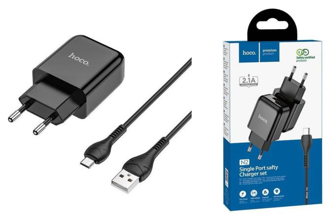Сетевое зарядное устройство USB + кабель MicroUSB HOCO N2 Vigor 2400mAh (черный)