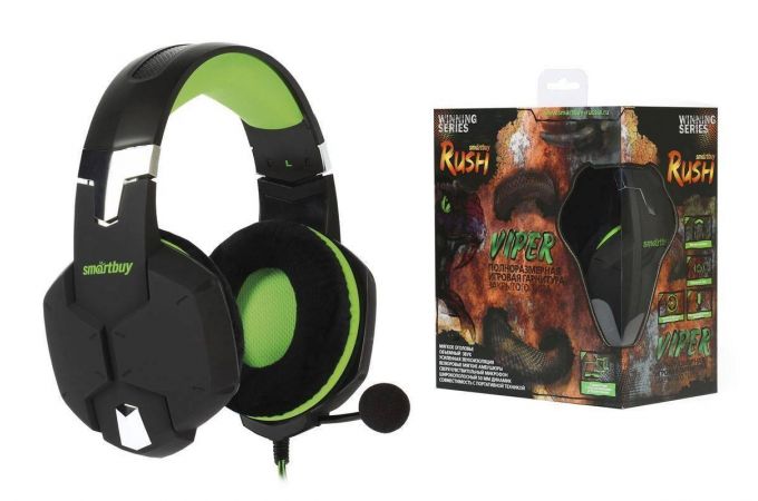 Наушники мониторные проводные Smartbuy RUSH VIPER SBHG-2100 динамики 50мм, велюр. амбушюры(черно-зеленый)