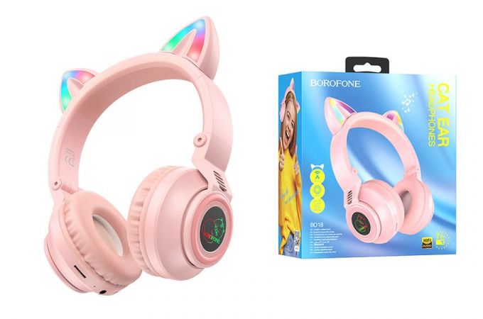 Наушники мониторные беспроводные BOROFONE BO18 Cat ear wireless headset Bluetooth (розовый)