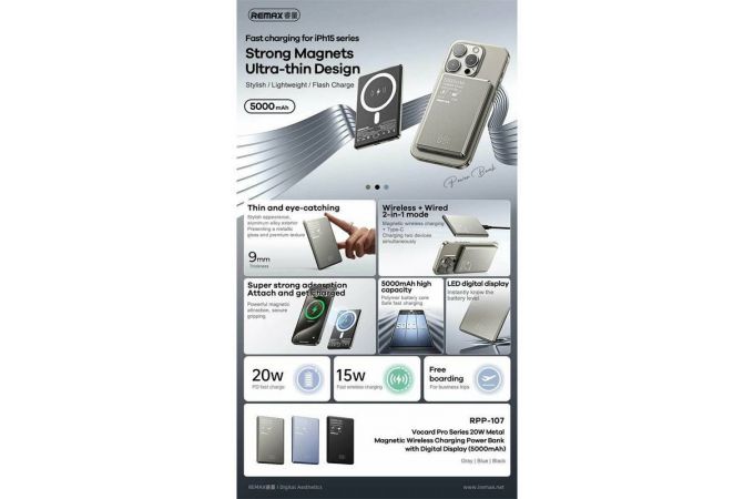 Универсальный дополнительный аккумулятор REMAX RPP-107 5 000 mAh MAGSAFE (синий)