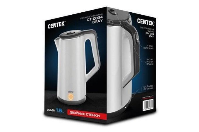 Чайник CENTEK CT-0024 серый 1800 Вт, 1,5 литра, двухслойниый корпус