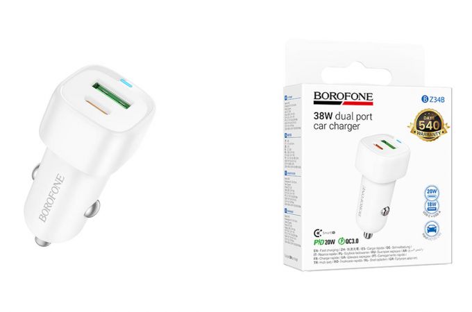 Автомобильное зарядное устройство АЗУ USB + Type-C BOROFONE BZ34B Cloud PD38W  (белый)