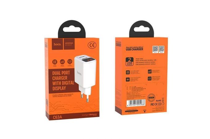 Сетевое зарядное устройство 2USB HOCO C63A Victoria with digital display 2400mAh (белый)