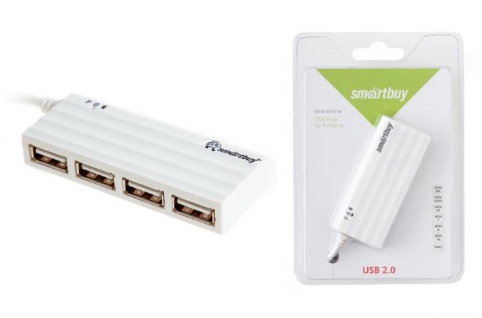 Разветвитель USB HUB 2.0 Хаб Smartbuy 6810, 4 порта, белый (SBHA-6810-W)