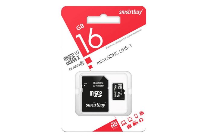 Карта памяти microSDHC Smartbuy 16 GB UHS-I COMPACT (class 10) с адаптером (SB16GBSDCL10-01_С)