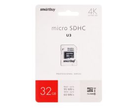 Карта памяти microSDHC Smartbuy 32 GB PRO U3 R/W:95/60 MB/s (с адаптером SD) (SB32GBSDCL10U3L-01)