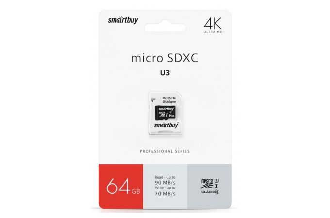 Карта памяти microSDXC Smartbuy 64 GB PRO U3 R/W:90/70 MB/s (с адаптером SD) (SB64GBSDCL10U3-01)