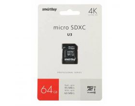 Карта памяти microSDXC Smartbuy 64 GB PRO U3 R/W:95/60 MB/s (с адаптером SD) (SB64GBSDCL10U3L-01)