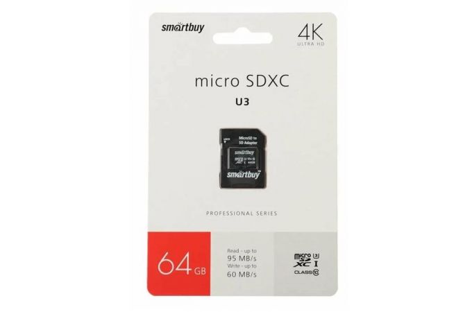 Карта памяти microSDXC Smartbuy 64 GB PRO U3 R/W:95/60 MB/s (с адаптером SD) (SB64GBSDCL10U3L-01)