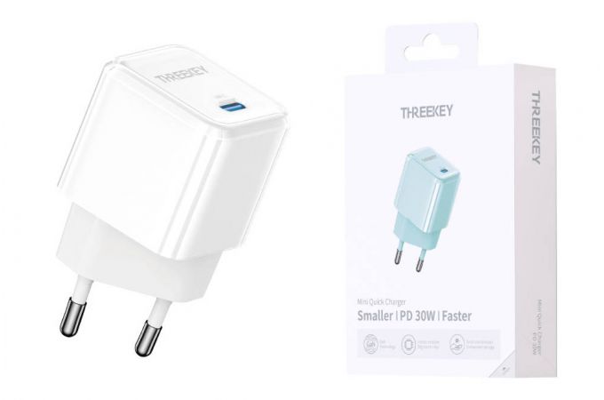 Сетевое зарядное устройство USB THREEKEY TK-116 (EU) Single C Port 30W GaN Direct Plug Charging Head (белый) (LUX от XO)