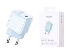 Сетевое зарядное устройство USB THREEKEY TK-116 (EU) Single C Port 30W GaN Direct Plug Charging Head (голубой) (LUX от XO)