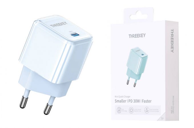 Сетевое зарядное устройство USB THREEKEY TK-116 (EU) Single C Port 30W GaN Direct Plug Charging Head (голубой) (LUX от XO)