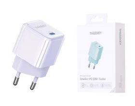 Сетевое зарядное устройство USB THREEKEY TK-116 (EU) Single C Port 30W GaN Direct Plug Charging Head (фиолетовый) (LUX от XO)